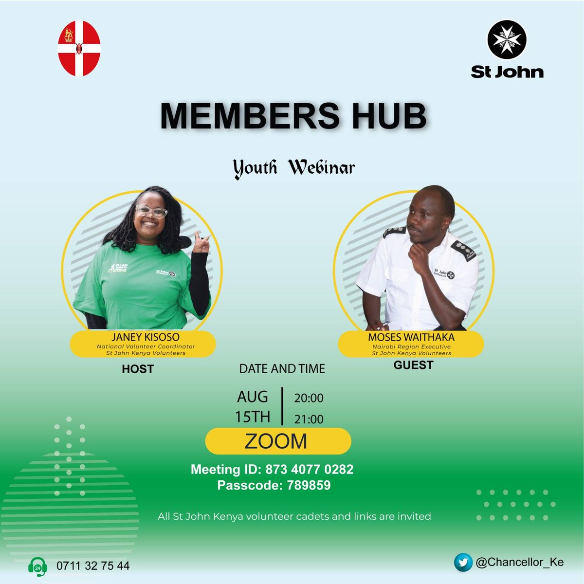 StJohnKenya's tweet photo. Members! Order members! We are on today from 8pm for our Members Hub session one. Join us on Zoom and let us learn more about St John Volunteers. See poster for login details. #MembersHub #StJohn https://t.co/y5KeuNUoap