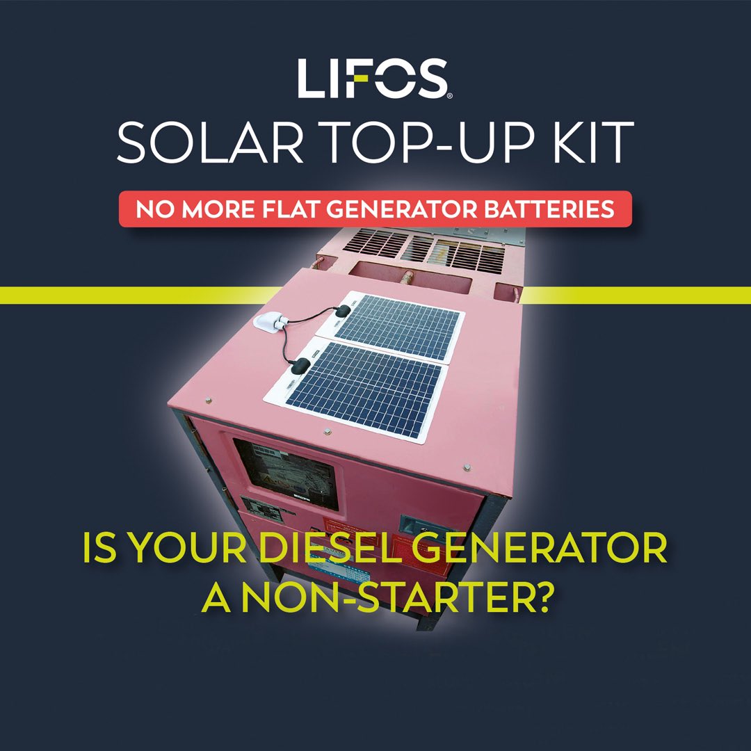 lifosbattery's tweet photo. The Diesel Generator that won’t start is a common problem. You can now avoid those no-go, won’t-start mornings by fitting a Lifos Solar Top-Up Kit to keep your starter battery charged.
Find out more here https://t.co/7i8srlWSl2
#Lifos https://t.co/abQG4vVLd3