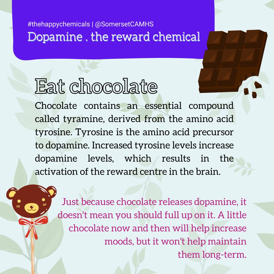 #Chocolate🍫 plays a role in the regulation of mood, which may factor into #depression. Eating chocolate induces feelings of #pleasure.
#somersetcamhs #dopamine #therewardchemical #thehappychemicals #mentalhealth #tyrosine #moodboost #happiness #tyramine #moodimprovement #mood