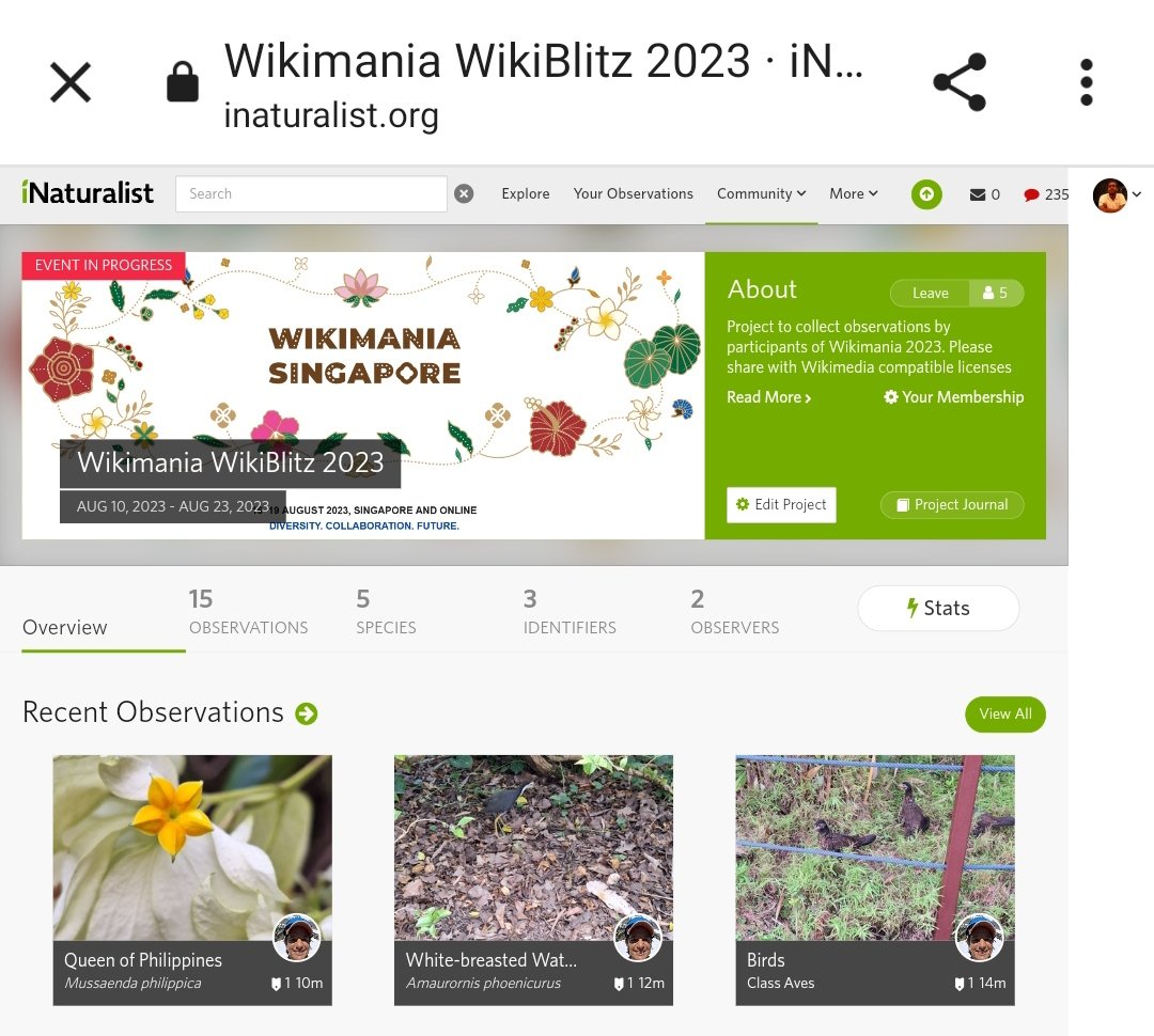 Manoj Karingamadathil (@manojkmohan) on Twitter photo We running a WikiBioBlitz at #Wikimania2023. Upload your photos of Plants/Insects/Birds to <a href="/inaturalist/">iNaturalist</a> with <a href="/WikiCommons/">Wikimedia Commons</a> compatible licence.
Lets try how much species we can together document.
Dont forget to join the project you are at Singapore.
inaturalist.org/projects/wikim… We running a WikiBioBlitz at #Wikimania2023. Upload your photos of Plants/Insects/Birds to <a href="/inaturalist/">iNaturalist</a> with <a href="/WikiCommons/">Wikimedia Commons</a> compatible licence.
Lets try how much species we can together document.
Dont forget to join the project you are at Singapore.
inaturalist.org/projects/wikim…