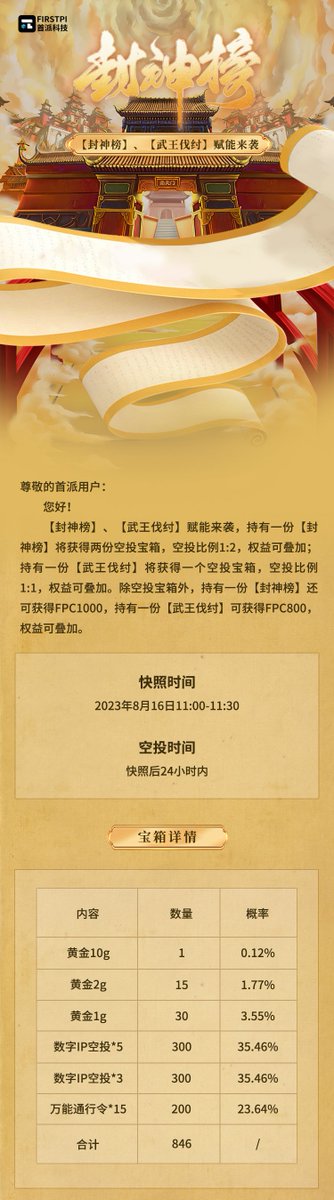 firstpimeta's tweet photo. 📢Attention 【The Legend of Deification】、【King Wu defeated Zhou】holders!

#Airdrop treasure chest incoming🪂

Treasure chest can be opened：Gold💰，NFT🃏，【Universal Pass】🎁

Read the details here👇

#firstpi 
#NFTs https://t.co/M5XIbEqdHR