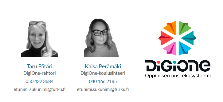 Olemme saaneet vahvistusta #DigiOneFI -tiimiin!  DigiOne-rehtori Taru ja DigiOne-koulusihteeri Kaisa ovat aloittaneet työnsä elokuussa. He tukevat ja kouluttavat erityisesti rehtoreita ja koulusihteereitä <a href="/DigioneFi/">@DigiOneFi</a> pilotoinnissa ja käyttöönotossa ja osallistuvat  kehittämiseen.