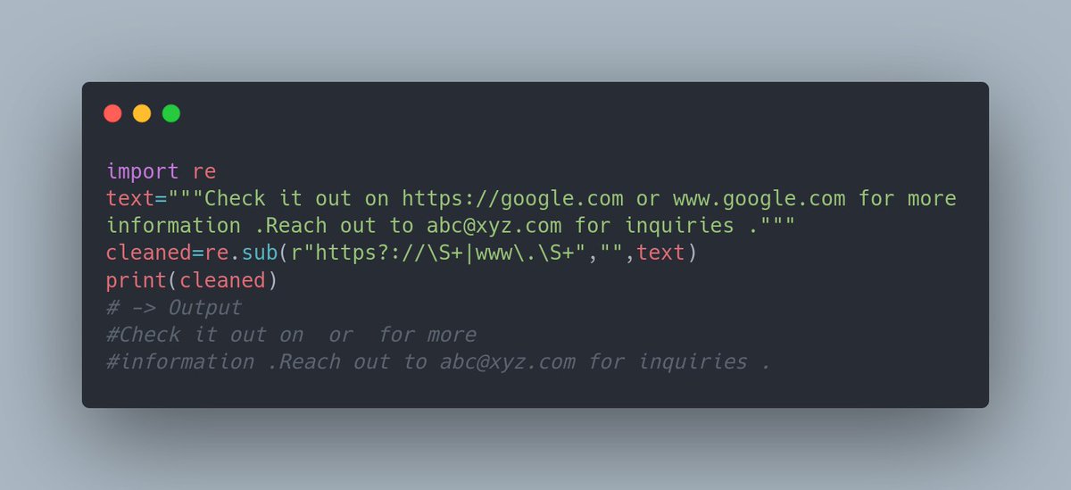 Ayeshairshad124's tweet image. Day 10 of #100DaysOfCode 🌟:
Today's focus: Cleaning up URLs from text using regex! 🧹🔗
Simplifying text by removing URLs for cleaner, more streamlined content! 📚📝 #TextProcessing #Python #CodeNewbie #LearningInProgress #Day10