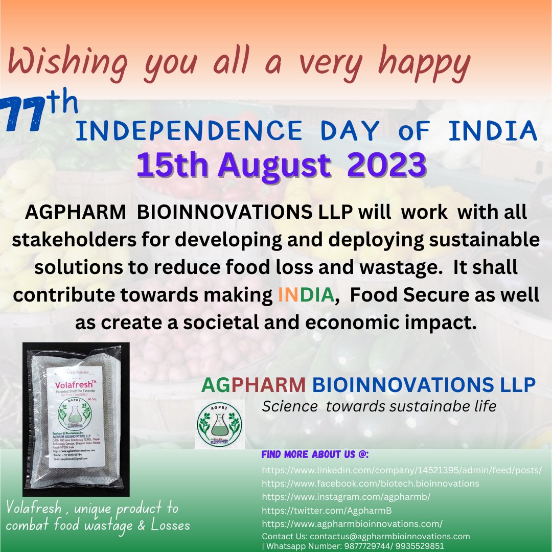 AgpharmB's tweet photo. Wishing to all a very happy Independence Day. Agpharm bioinnovations is poised to invent &amp; innovate novel sustainable solutions to create a #societal, #economic and #environmental impact to enhance food security &amp; reduce hunger, thereby making the nation a stable economic power. https://t.co/g8ZZpPKgvH