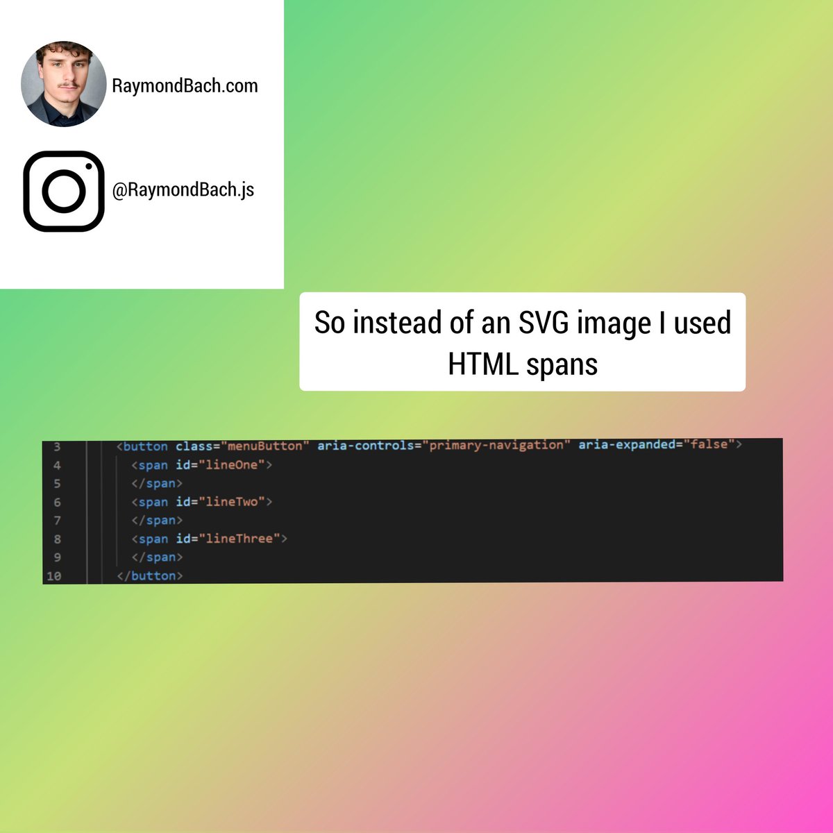 raymondbach_js's tweet photo. After realizing that my SVG animation wasn't compatible on certain browsers I made a new one with HTML spans. See the full code at the public repository. #frontenddeveloper #css #shopifydeveloper https://t.co/fjpn23eDNC
