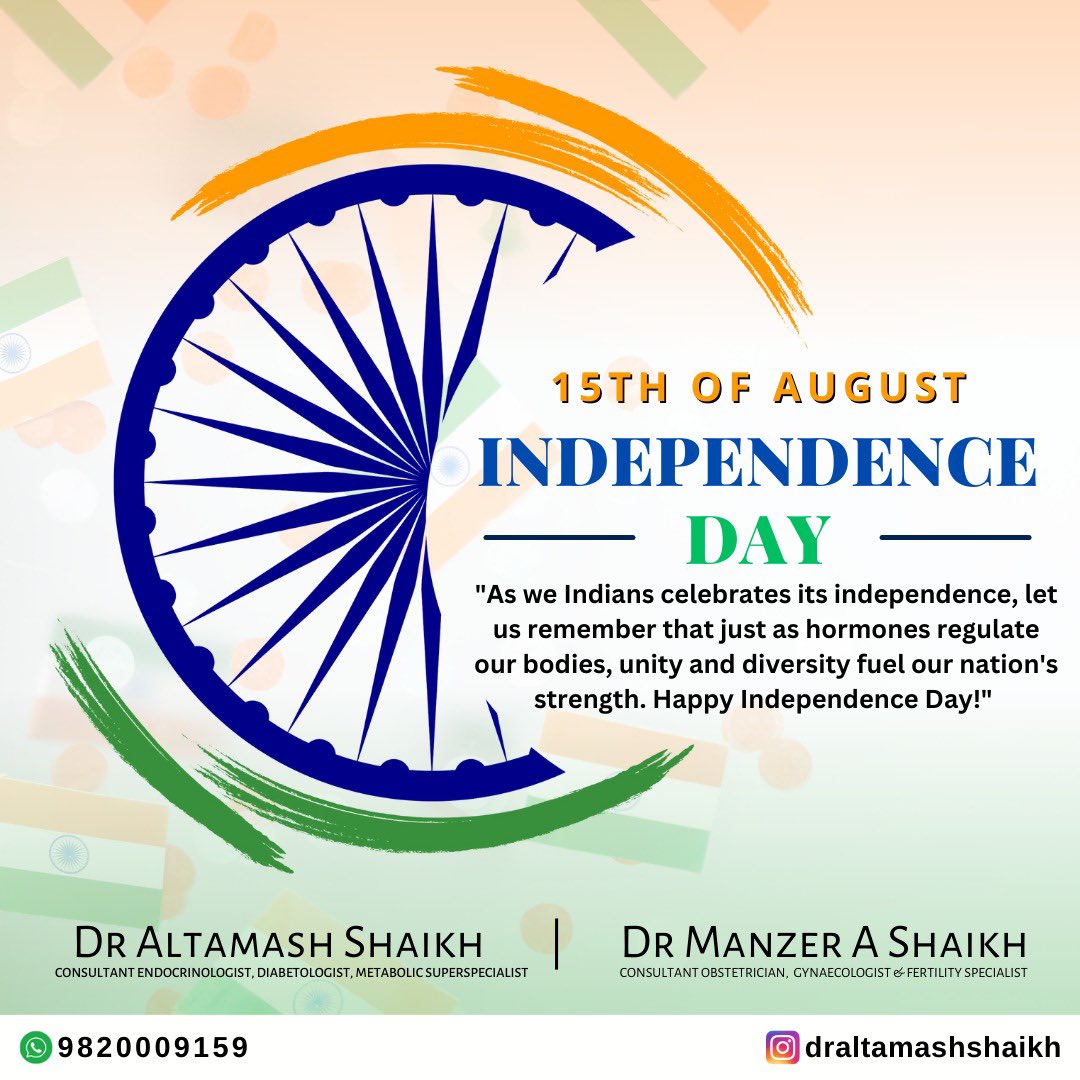 #HappyIndependenceDay to  all wonderful people! 🇮🇳 🙏

#IndependenceDayIndia #independenceday #JaiHind #ProudToBeIndian #FreedomDay #IndiaCelebrates #UnityInDiversity 🇮🇳#draltamash #draltamashshaikh #endocrinologist #diabetologist #southbombay #mumbai
