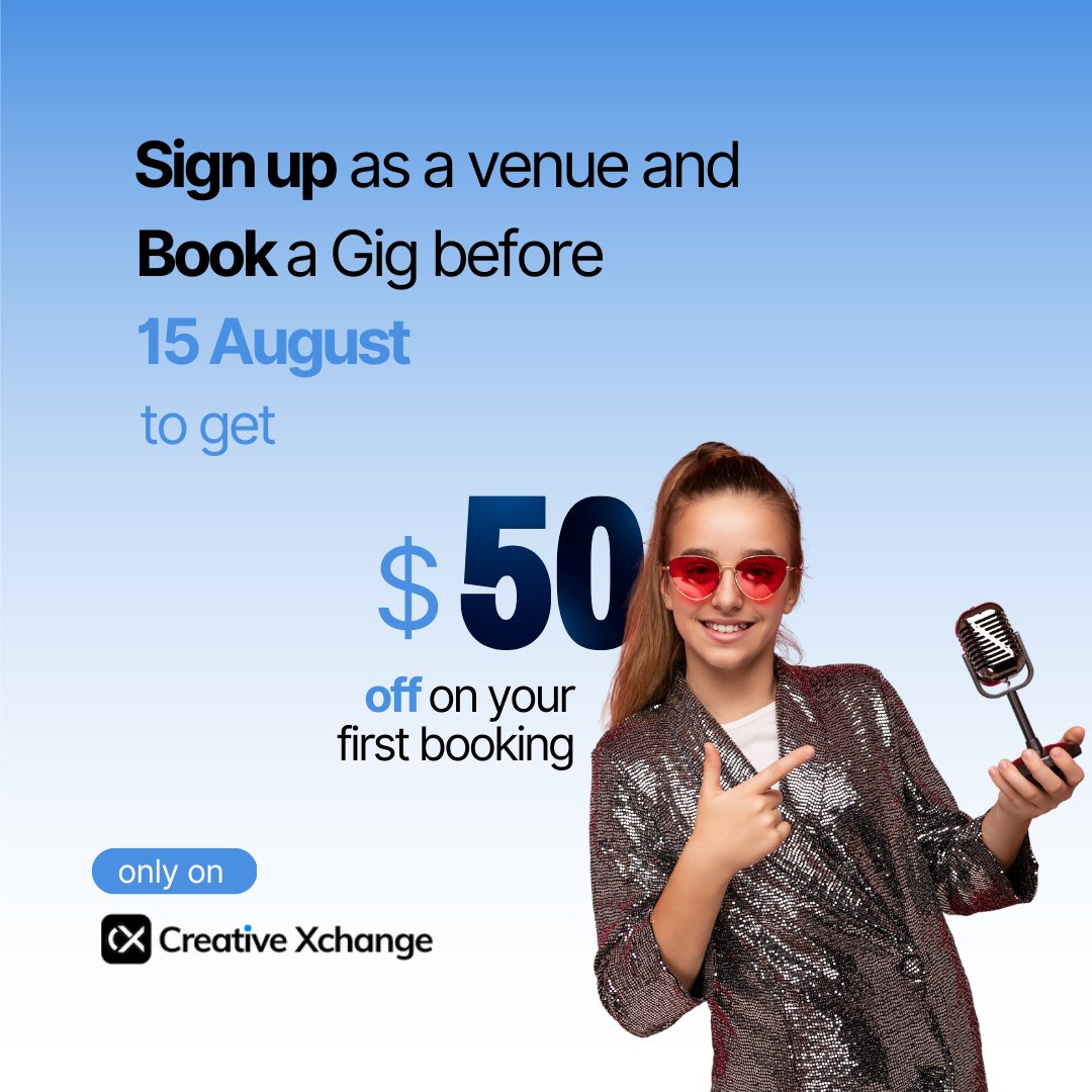 creativexchange's tweet photo. It's the LAST DAY and this is the FINAL REMINDER ➡️ Sign up as a venue today and enjoy a discount👏 along with seamless Live Entertainment 🎶

$50 off on your first booking with Creative Xchange! - https://t.co/JshPofcilf https://t.co/yFrIWLmFJF