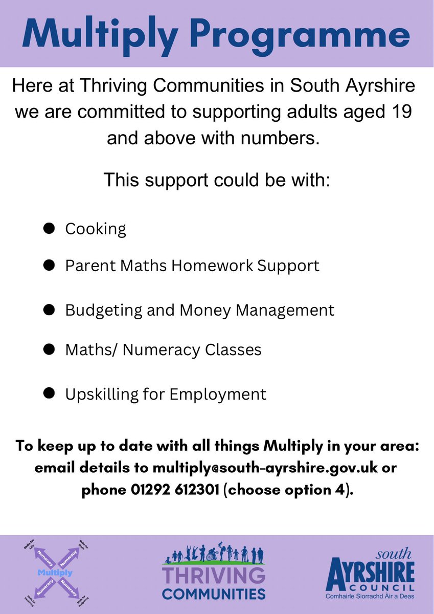✨Please get in touch to find out more about our Thriving Communities Multiply Programme ✖️

Potential funding opportunities for New Community Groups in South Ayrshire that will be using numbers as part of their programme delivery 👇

#ThrivingCommunities
#Multiply