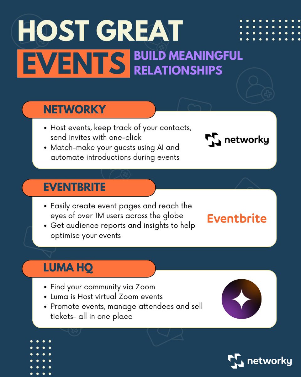 Are you an event organiser looking for tools to host successful events? 🤔

🎉 Here are tools with robust features to make your next event- a success!

Found this helpful? Reshare with your network ♻️

#NetworkingTools @eventbrite @LumaHQ
