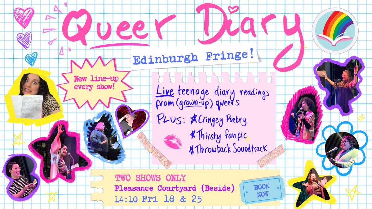 HasbianShow's tweet photo. #EdFringe! only 2 more chances to catch #QueerDiary 📣

On Friday afternoons at @ThePleasance LGBTQIA+ performers read extracts from their REAL TEENAGE DIARIES on stage 👀

There’s a new line-up every time, so if you’ve been before - come again 🏳️‍🌈🏳️‍⚧️🏳️‍🌈🏳️‍⚧️

https://t.co/tKAkpQzgPm https://t.co/syPUPk7qV8