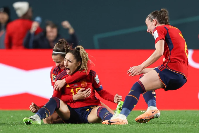 23-year-old Olga Carmona celebrates scoring the game winner vs. Sweden.
