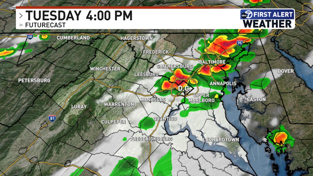 Our local futurecast shows more storms bubbling up between 3-4 p.m. Similar to yesterday, flooding is possible. 

Damaging winds and hail are also risks with today's storms. The tornado threat is very low. 

FORECAST: wjla.com/weather