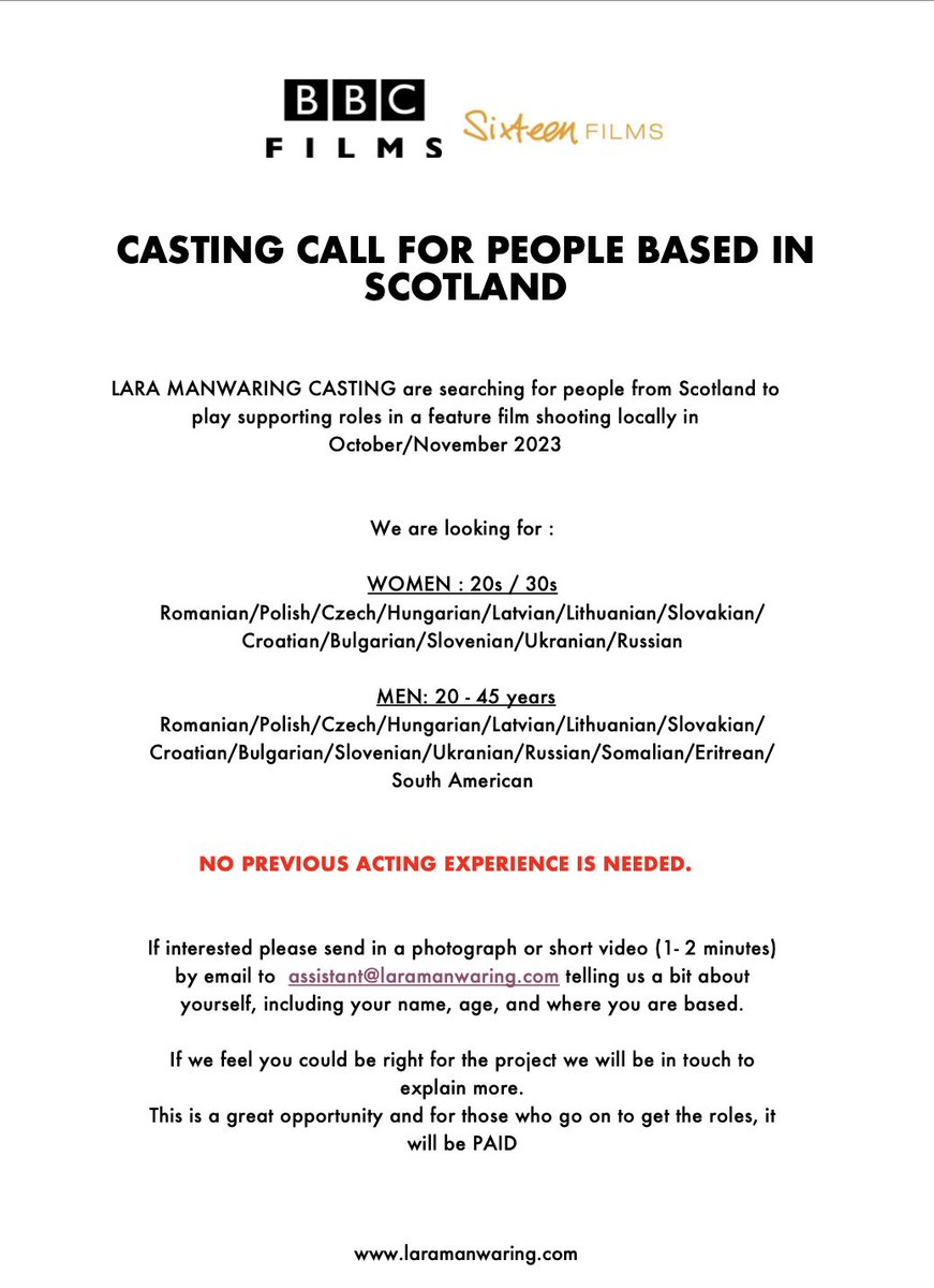 *CASTING CALL* Looking for people based in Scotland to play supporting roles in a Sixteen Films/BBC Films feature. info below. Please share. Thank you! 🙏