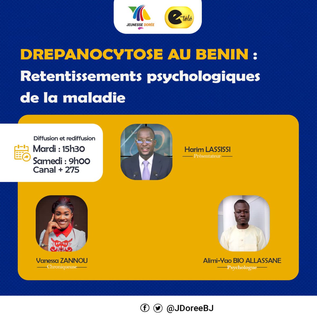 🟥 Drépanocytose au Bénin 

Sur le plateau de #juniorafrique, il est question des répercussions psychologique de la maladie. <a href="/ZannouVanessa/">Vanessa G.G ZANNOU</a> en parle avec Yao Alimi Allassane , Psychologue.

#JDoreeBJ #Drepanocytose #santebienetre #wasexo