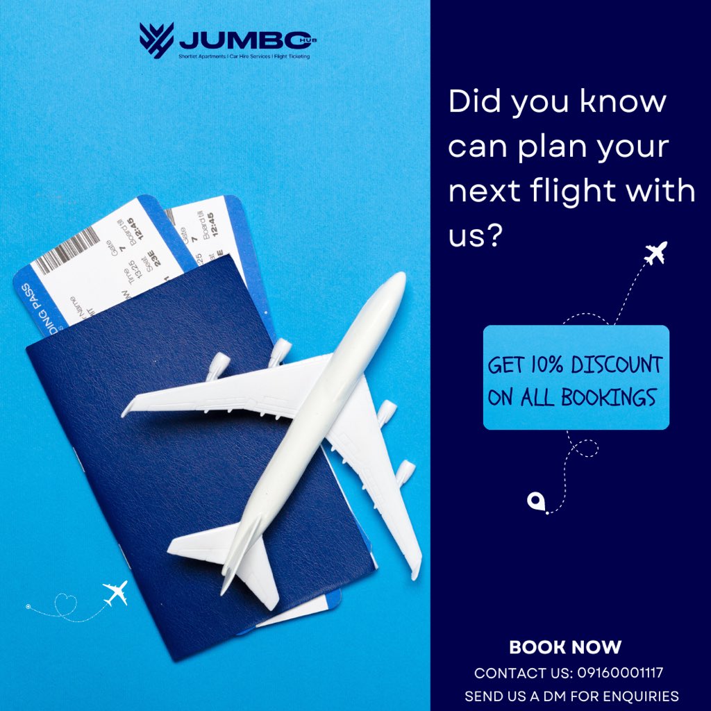 jumbo_hub's tweet photo. Happy new week ,catch that business trip with our fast flight ticketing service!!!
#flight #flighticket #airtravel #abuja #abujaairport https://t.co/HmrY8kKuDs