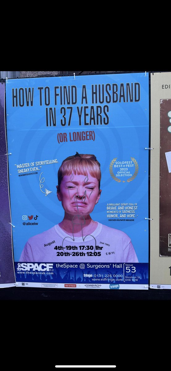 aliceIW's tweet photo. I mean! This festival is OBSESSED with me. New poster up (hadn’t even seen it yet) and someone sent me this dick pic (Again!?) it’s ok #edfringe I really like u too. ☺️#howtofindahusband please don’t take it down again @outofhandprint @VeeLondon https://t.co/QI6pXbeukA