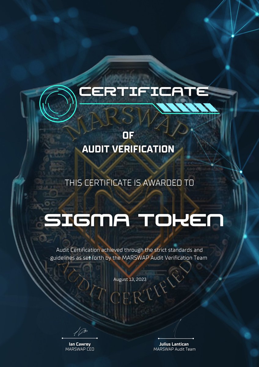 A HUGE Congratulations goes out to <a href="/SigmaTokenERC/">Sigma Token</a> for the #MSWAP Audit Certification! 

Smart Contract Audit Verified by Fintech Global Services (FGS) using the latest Auditing tools

@MARSWAP1 #KYC &amp; Audit Services

marswapstaking.com/kyc-and-audit/