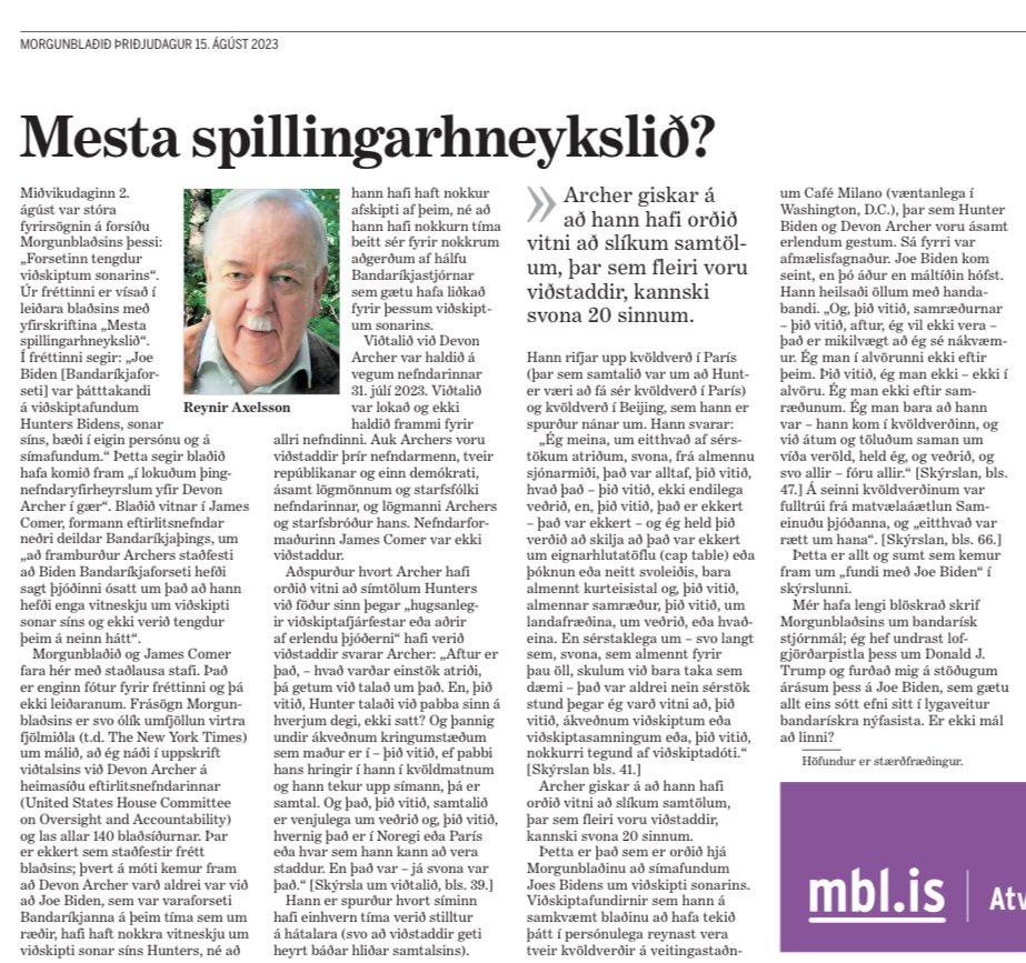 Það er náttúrulega snilld á nýju leveli að borga 350 milljónir til að standa við gerða samninga en samt ná einhvern veginn að sjá það sem 450 milljóna sparnað. Samt ekki jafn galin forsíðufrétt og sú sem Mogginn skrifaði um Hunter Biden um daginn. Og fær útför í blaðinu í dag.