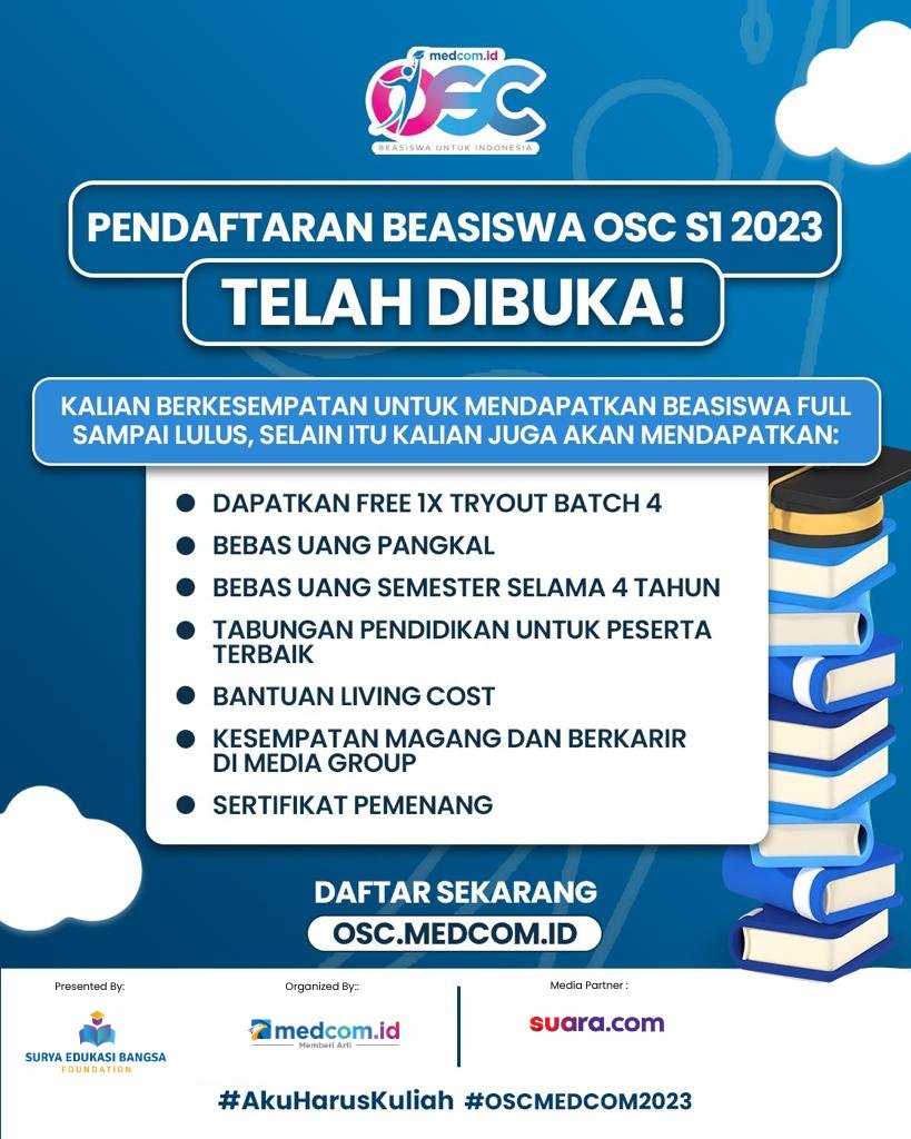 suaradotcom's tweet photo. Halo Siswa/I Indonesia! Beasiswa OSC S1 2023 sudah dibuka! Yuk segera daftarkan diri kamu di
https://t.co/sCF5acB4h8 dan raih kesempatan kuliah dengan beasiswa full sampai
lulus.
Follow @beasiswaosc biar ga ketinggalan informasinya!🤗
#oscmedcom2023 #oscmedcomid #oscmedcom https://t.co/aKT2BBhcD8
