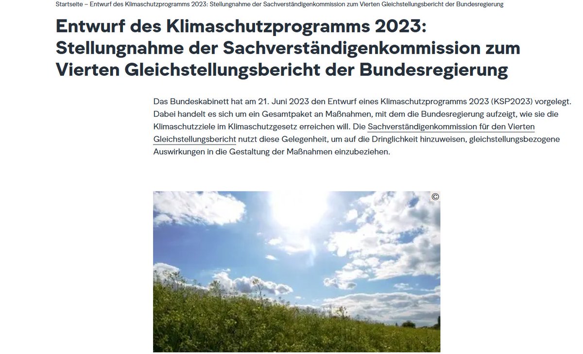 Stellungnahme der Sachverständigenkommission des 4. GSB zum #Klimaschutzprogramm2023 #KSP.🌳Die Sachverständigen sehen aus einer feministischen &amp; gleichstellungspolitischen Perspektive Konkretisierungs- und Veränderungsbedarf.👉bundesstiftung-gleichstellung.de/gleichstellung…