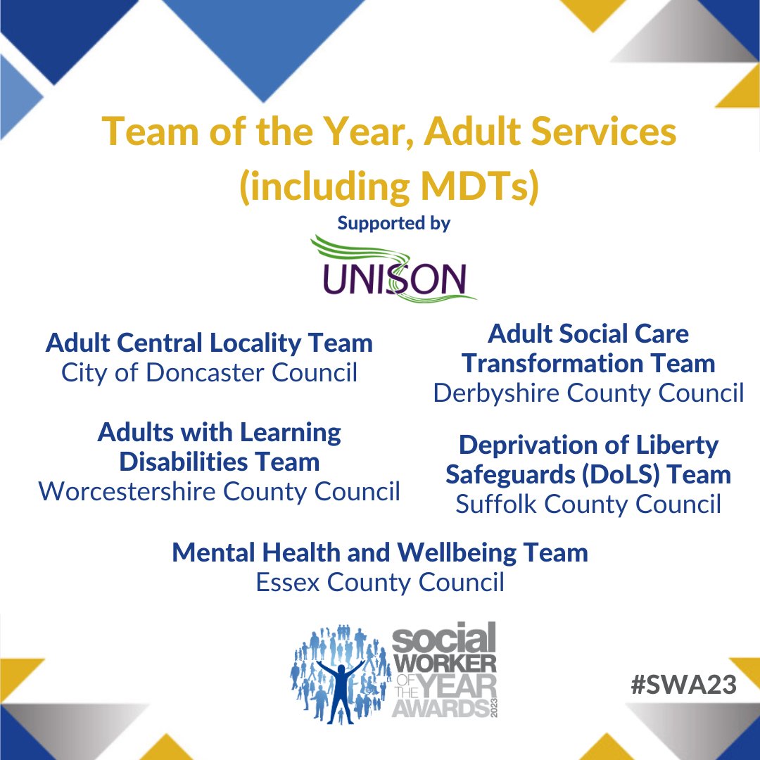 Let's give a round of applause for our Team of the Year, Adult Services finalists! ⭐

Category supported by <a href="/unisontheunion/">UNISON - UK's largest union</a>

#SWA23