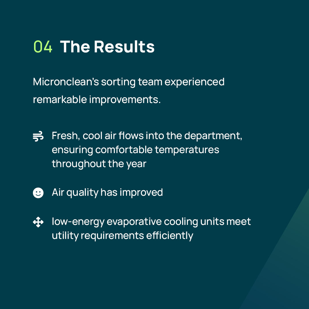 Transforming Working Conditions at Micronclean! Discover how EcoCooling's evaporative cooling system revolutionized the overheating sorting department, providing fresh, cool air and improved air quality. #Micronclean #CoolingSolutions #EvaporativeCooling #WorkingConditions