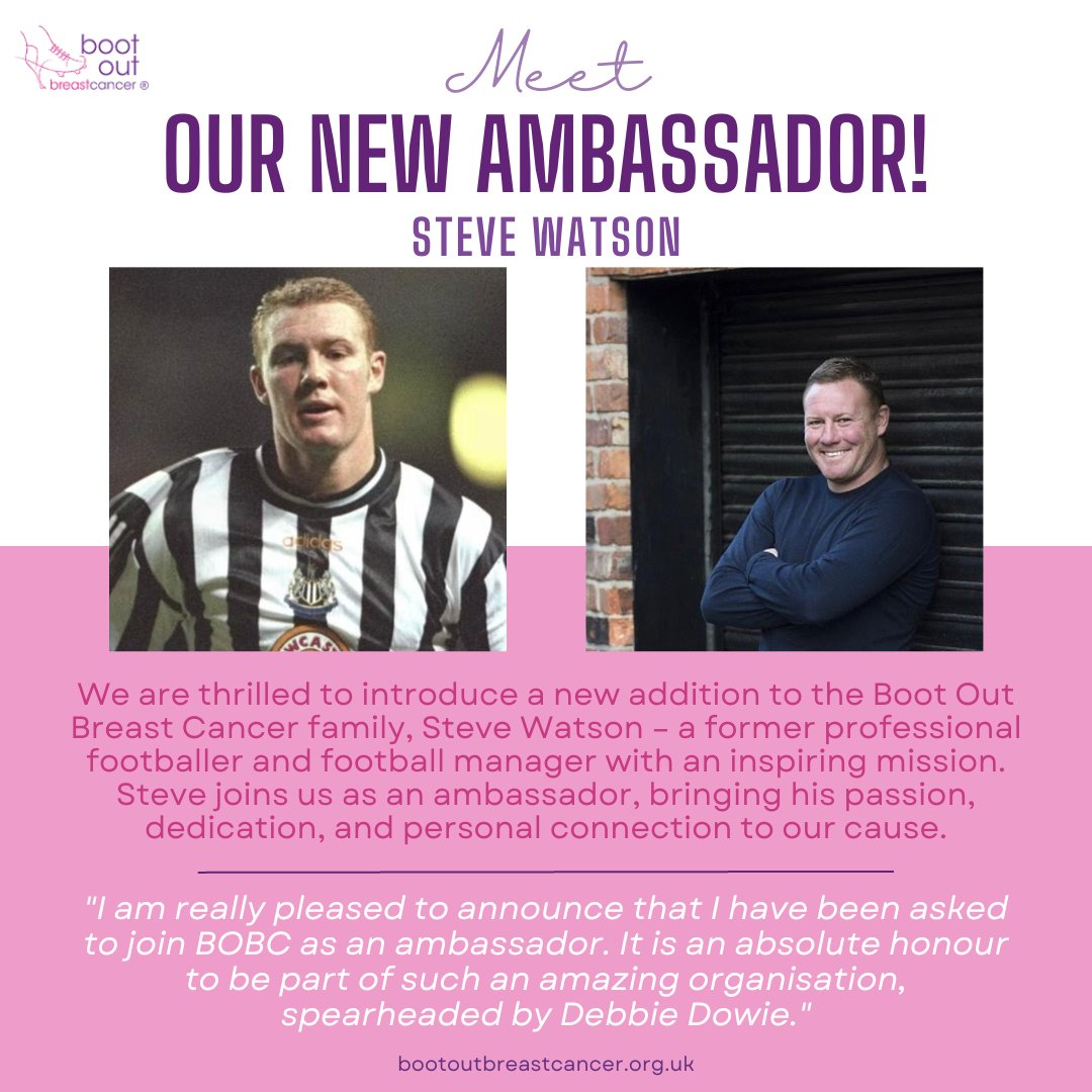 BootOutBC's tweet image. We're thrilled to have former footballer and manager, Steve Watson, join our Boot Out Breast Cancer family as an ambassador. His dedication and personal mission will strengthen our cause in the fight against breast cancer. 🌟 #BreastCancerAwareness #Ambassador