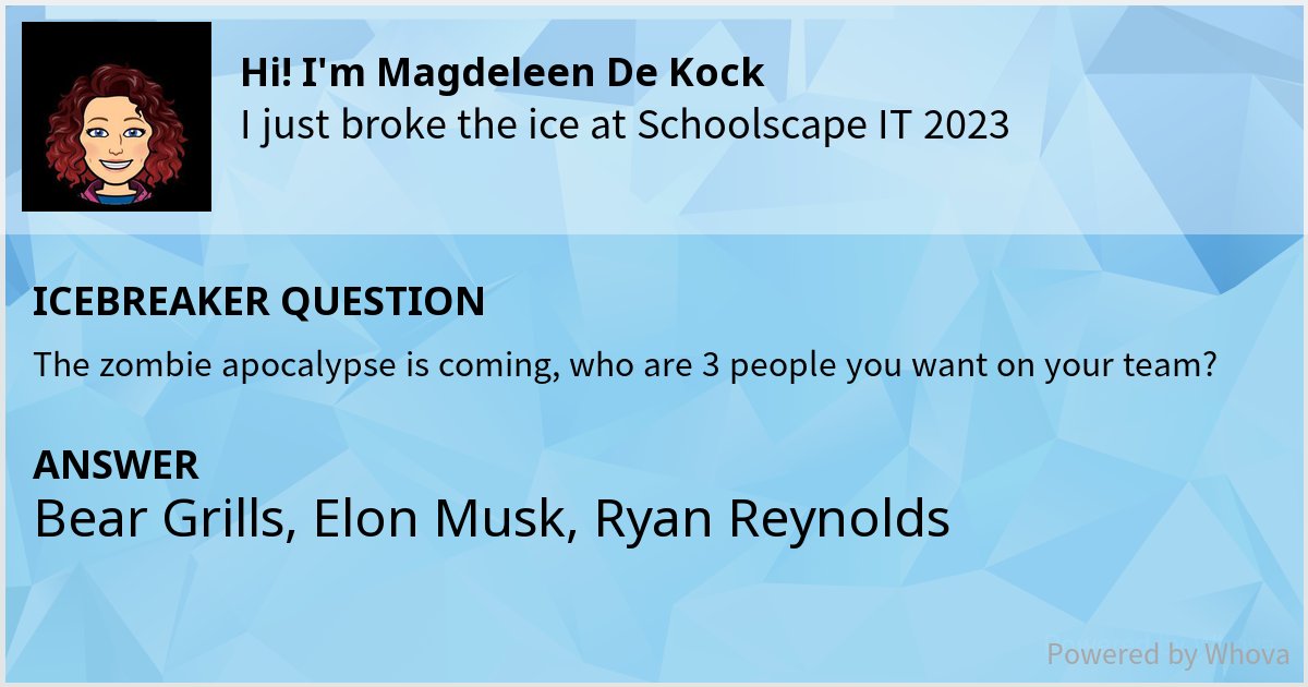 🔨 🧊 I just broke the ice at Schoolscape IT 2023! Check out my clever answer! #SchoolscapeEvent #SchoolscapeIT #SchoolscapeIT2023 #SSIT2023 - via #Whova event app