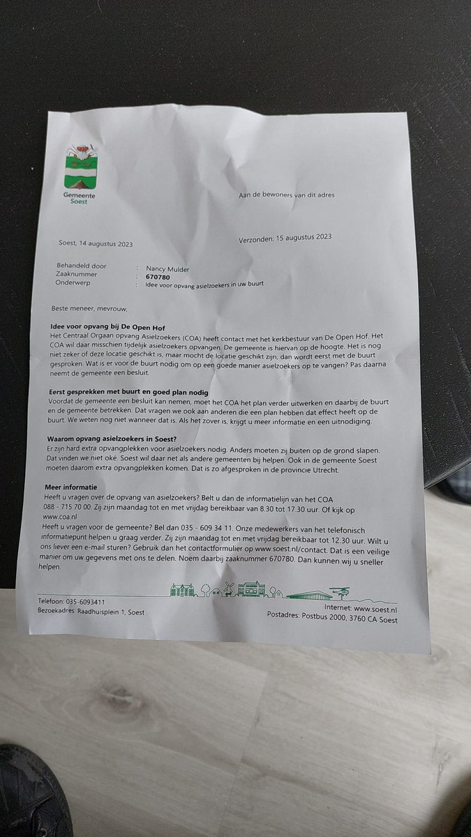 RijnPatrick's tweet photo. Plots ligt deze brief op de deurmat van omwonenden!
#azc #openhof #Soest

Ik roep de @RaadSoest op om dit tegen te houden.  
Geen #azc in onze dicht bevolkte wijk #Smitsveen https://t.co/Agqh1qlIVj