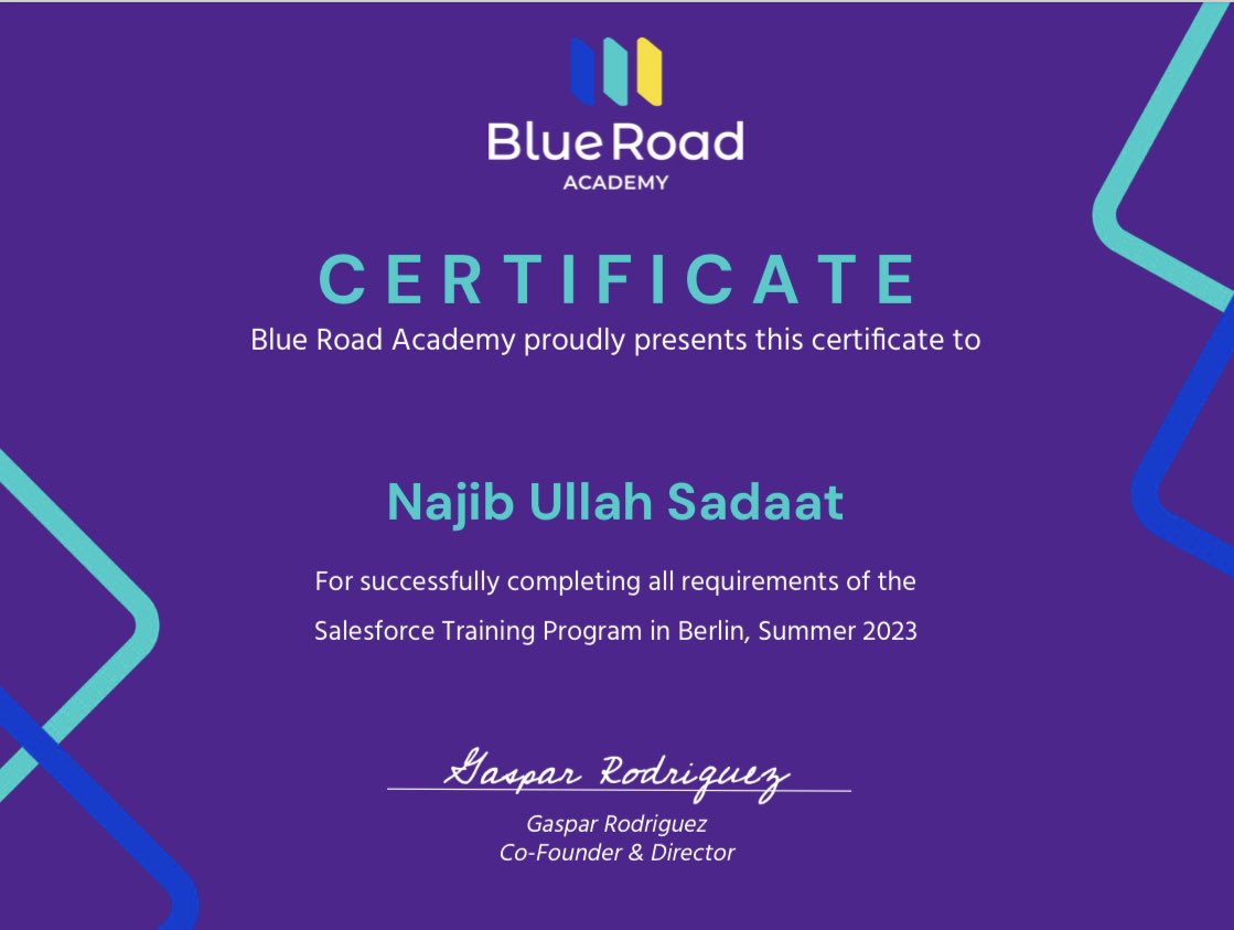Successfully completed Salesforce training - Thanks <a href="/BlueRoadAcademy/">Blue Road Academy</a> #Salesforce #Berlin