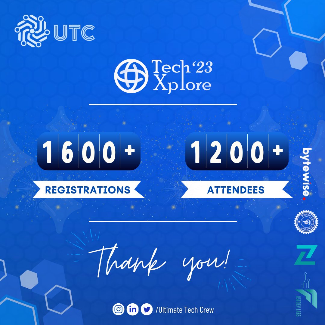 utc_connect's tweet image. Gratitude to all who made TechXplore23 a triumph! With 1600+ registrations and 1200+  participants, our virtual event was a true hit. Special thanks to our insightful speakers for sharing their expertise. Stay tuned for more tech updates!

 #UTC #TechXplore23 #UltimateTechCrew