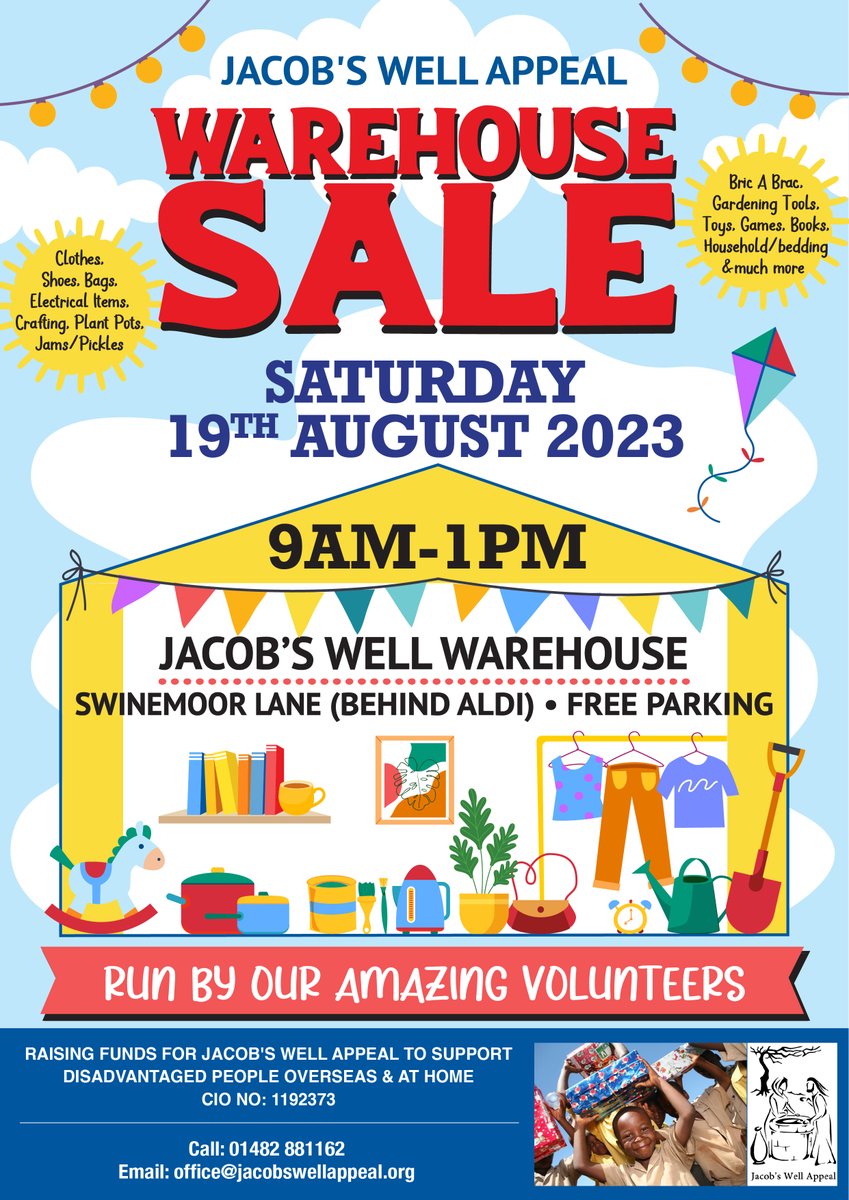 HUGE WAREHOUSE CLEARANCE: Jacobs Well Warehouse, Swinemoor LANE (Behind Aldi).
Sat. 19 Aug 9am-1pm.
LOADS OF GREAT BARGAINS!