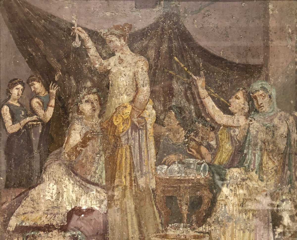 Buon #Ferragosto! Fresco from #Pompeii (possibly from Fullonica of Sestius Venustus) and a unique example of a group of just women celebrating in what looks to be a rather wonderful rowdy dining scene with upturned glassware, music being played and a woman holding aloft a ladle