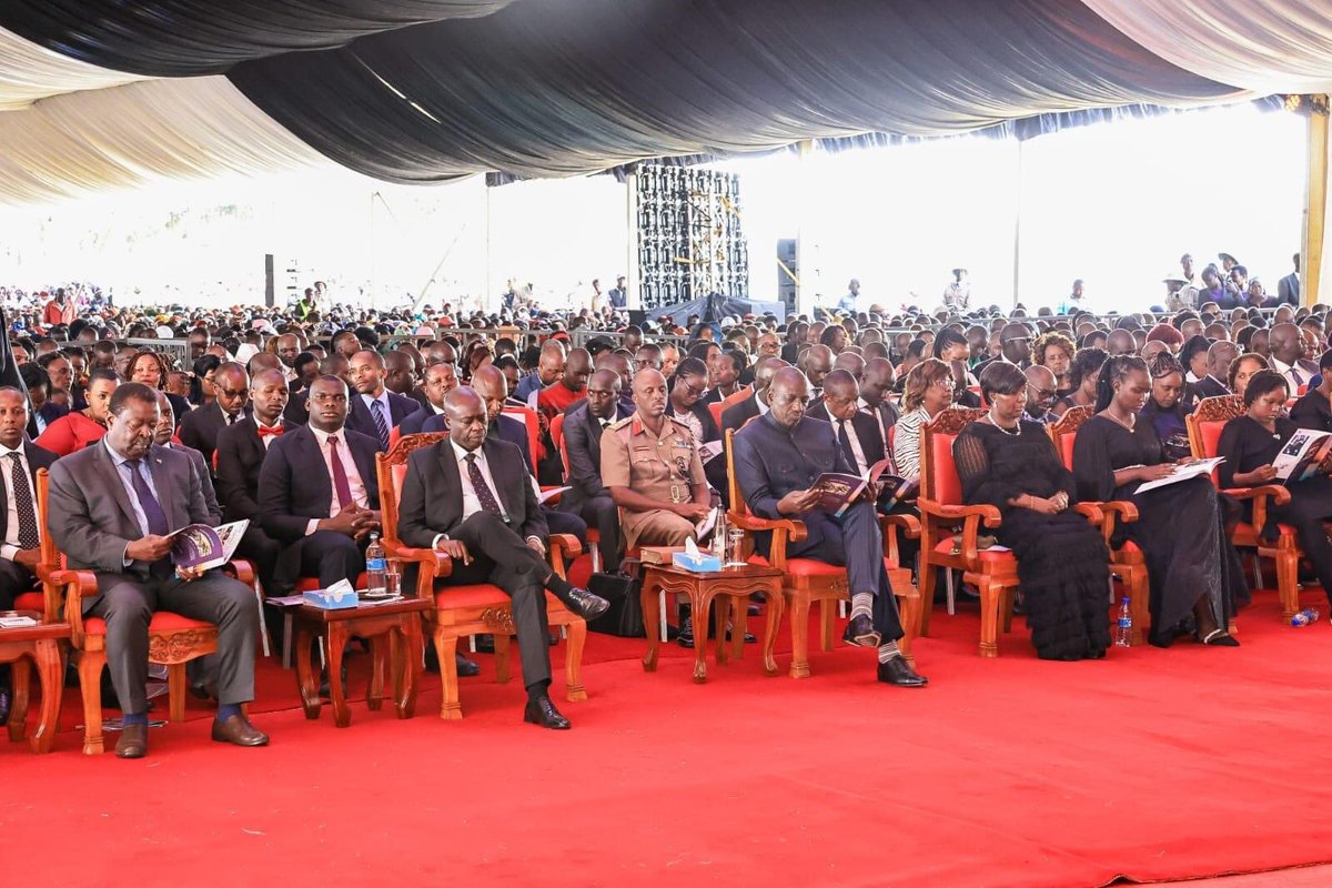 President William Samoei Ruto, DP Gachagua & Prime CS Mudavadi joined Mourners today at Kimugul Primary School, Njoro Constituency, Nakuru County for the burial service of Mr David Chepkwony, husband to Njoro MP Hon. Charity Kathambi Chepkwony