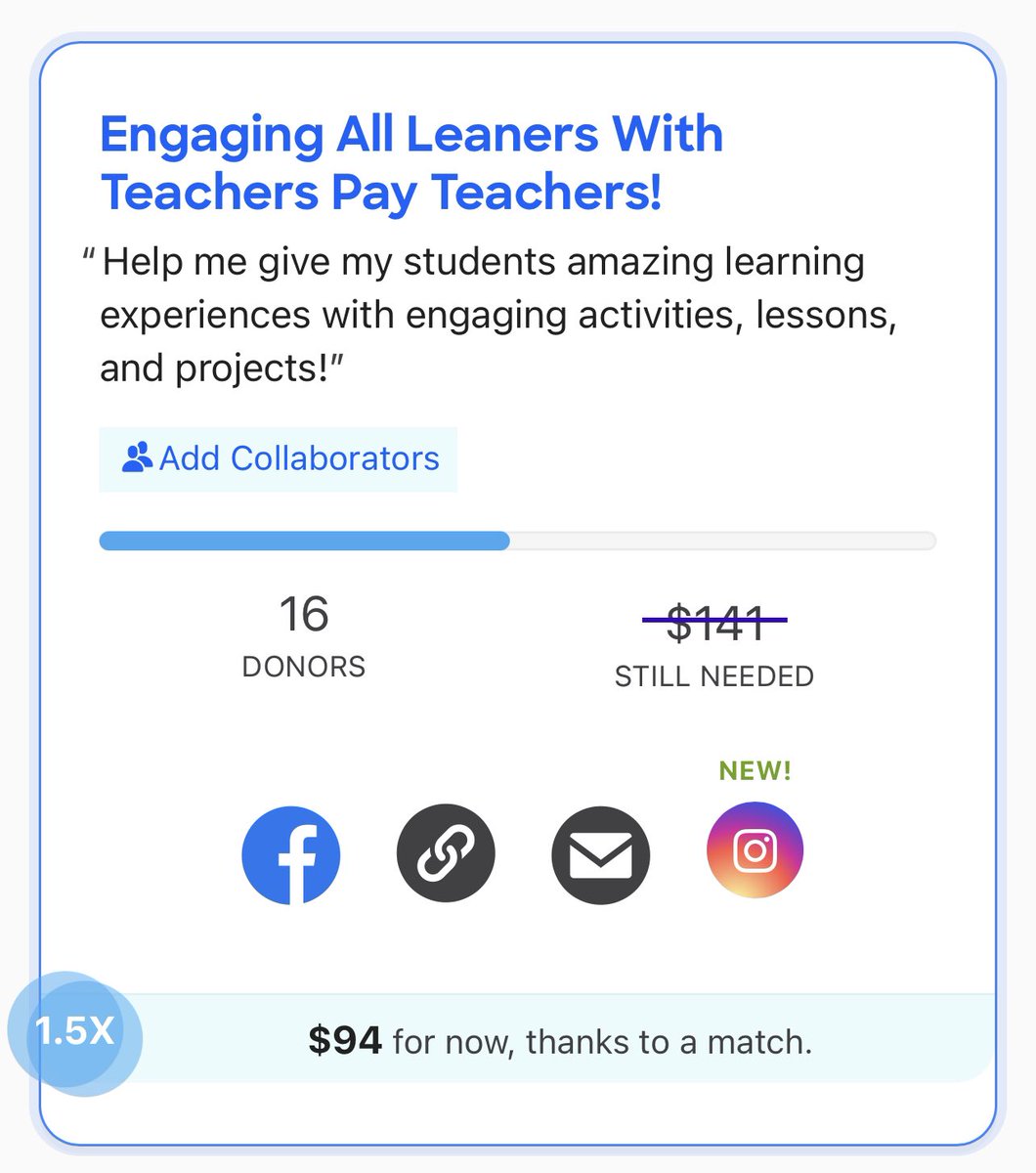 Whoop whoop @DonorsChoose is back at it again with a x 1.5 match! Let’s help each other out! I only need $94 to find my project! This one expires on 8/20! What do you need? Drop below and retreat to help each other! tinyurl.com/TPTlearningfun