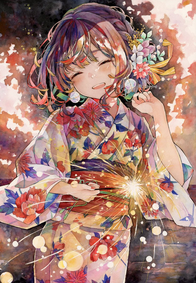 1girl japanese clothes kimono solo closed eyes fireworks sparkler  illustration images