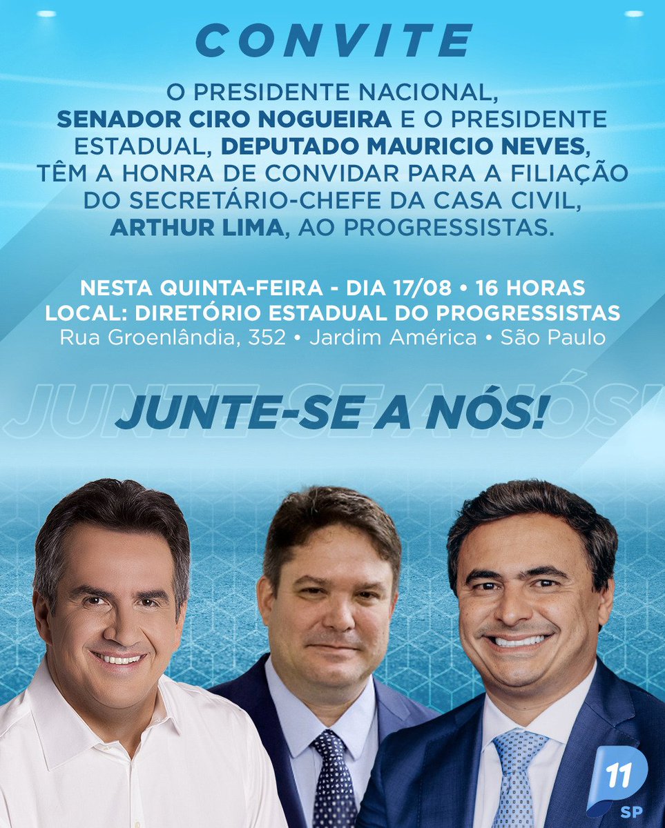 MauricioNeves_'s tweet photo. Na próxima quinta filiaremos o Secretário-Chefe da Casa Civil, Arthur Lima ao Progressistas.
Com a presença do nosso Presidente @ciro_nogueira daremos esse passo importante para o crescimento do Partido no Estado de São Paulo.
Seja brm-vindo Arthur! #arthurlima #progressistasSP https://t.co/M7pZX2nL4J