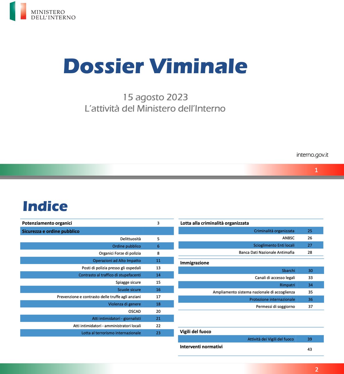 Dossier del Viminale su sicurezza e ordine pub. Non una parola di sicurezza stradale come se non fosse la forma di violenza prima causa di morte fra i giovani. Capitolo per spiagge sicure ... nessuna attenzione per strade sicure. Vergogna !! La sicurezza stradale è IL PROBLEMA di
