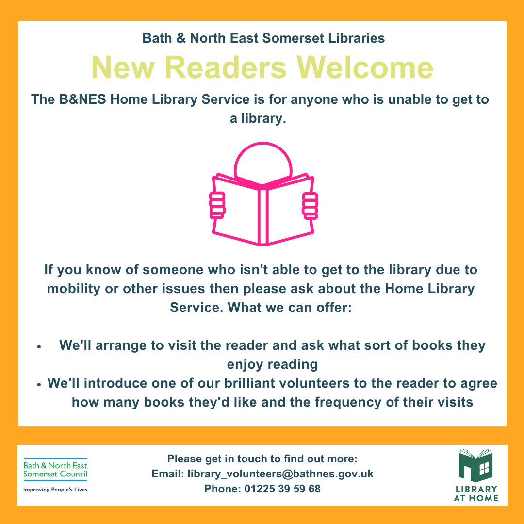 bnes_libraries's tweet image. If you know of someone who isn&apos;t able to get to the library due to mobility or other issues then please ask about our Home Library Service. 
To find out more:
📧 library_volunteers@bathnes.gov.uk
☎️ 01225 394041
#BNESLibraries #HomeLibraryService #Library