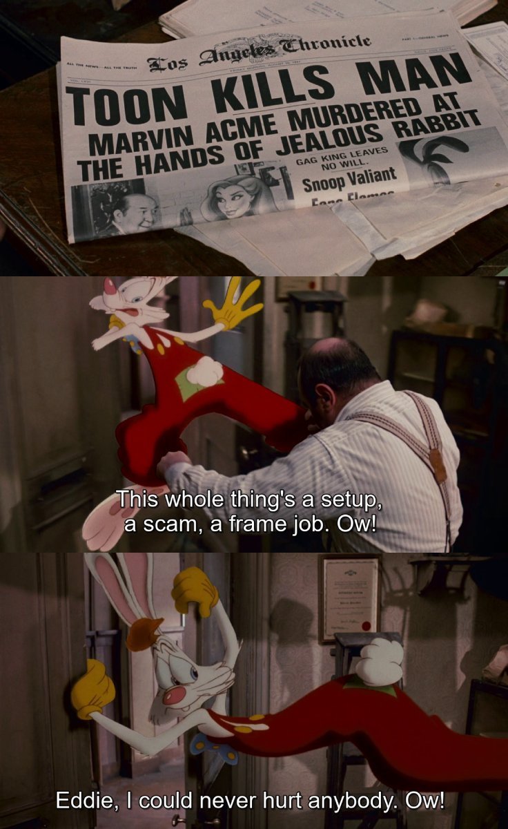 CineCalendar's tweet photo. Aug 15th 1947 - The Los Angeles Chronicle reports that Marvin Acme was killed by Roger Rabbit.

📽️📅 Who Framed Roger Rabbit (1988) https://t.co/Flcc6IFzX7