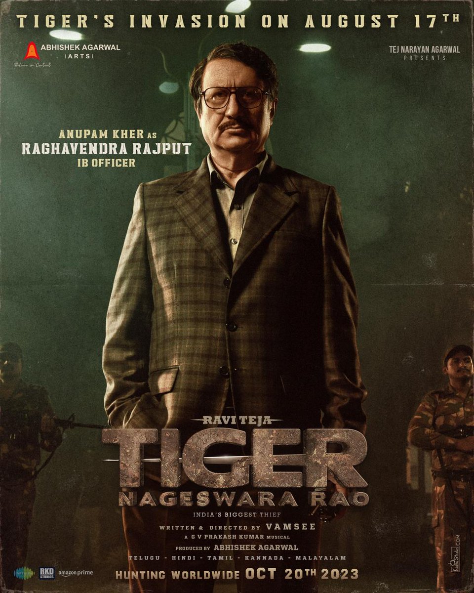 townblack71's tweet photo. #AnupamKher As 'IB Officer Raghavendra Rajput' From #TigerNageswaraRao 

Get Ready For The #TigerInvasion On Aug 17 

#RaviTeja #Vamsee #GVPrakash https://t.co/gFs7M1eSZ8