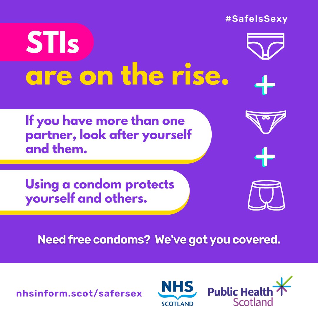 Sexually transmitted infections (STIs) are increasing in Scotland. Look after yourself and your sexual partner. Having safer sex with a condom keeps you and them safe. Get free condoms, sexual health advice, and find sexual health services at nhsinform.scot/safersex #SafeIsSexy
