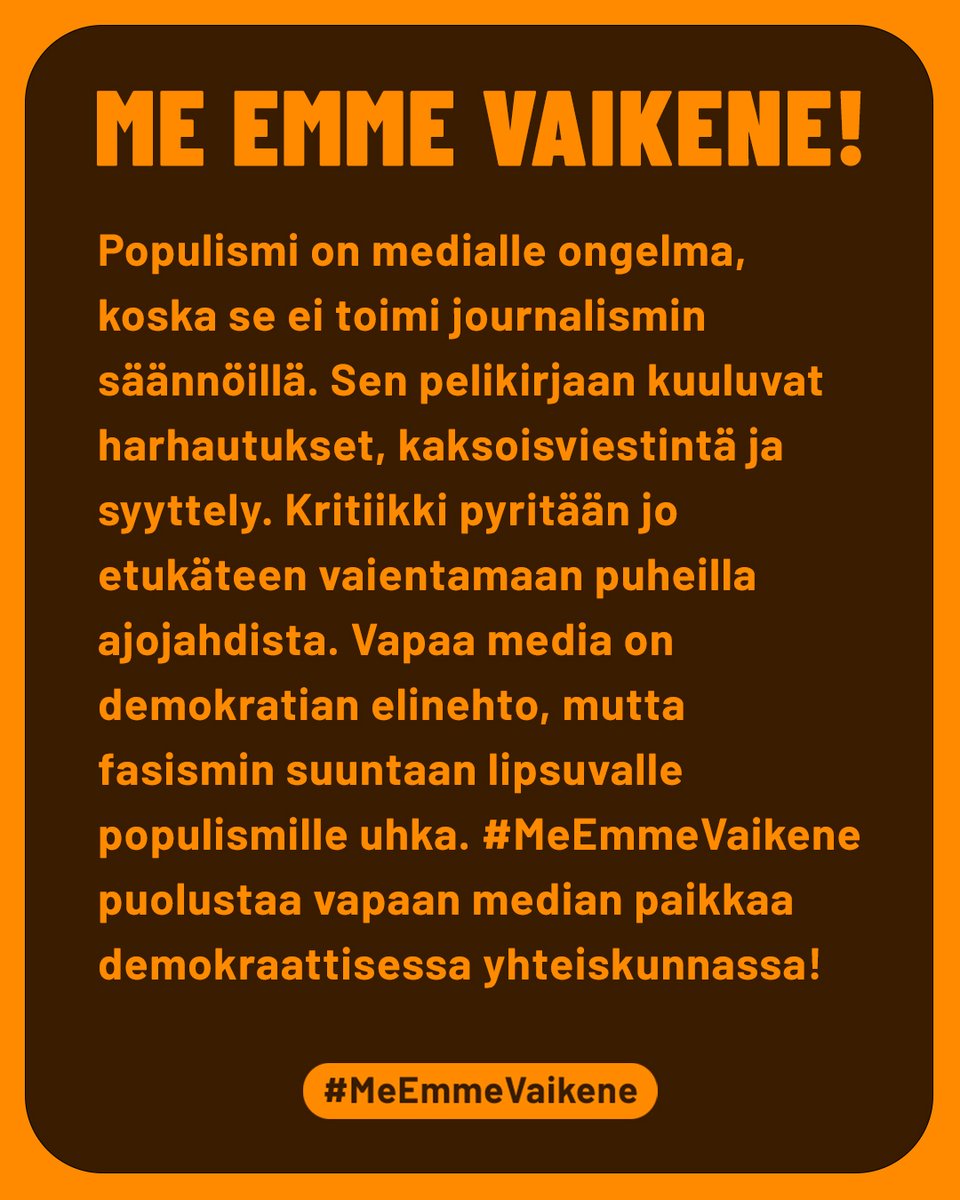 meemmevaikene's tweet photo. Päivän pääkirjoituksissa puhutaan siitä valtavasta paineesta, jonka alla vapaa media tällä hetkellä on.  Syytökset puolueellisuudesta ja ajojahdeista heikentävät luottamusta ja mahdollistavat kaksoisviestinnän. #MeEmmeVaikene nostaa esille median merkityksen demokratiassa 🧡🤎 https://t.co/m6x9IoVt1S