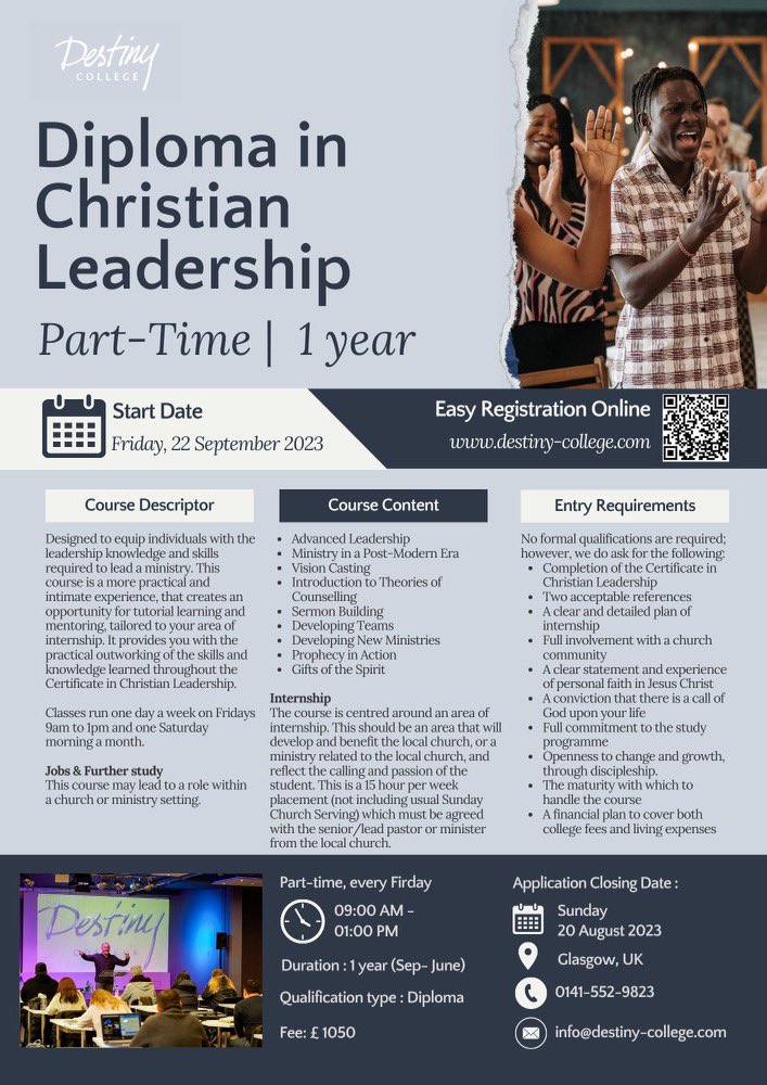 It’s not too late to apply to study at Destiny College for Sep 23 intake. 

Diploma in Christian Leadership course will equip you with the skills and knowledge you need to lead well in life and ministry. 

destiny-college.com/event/diploma-…