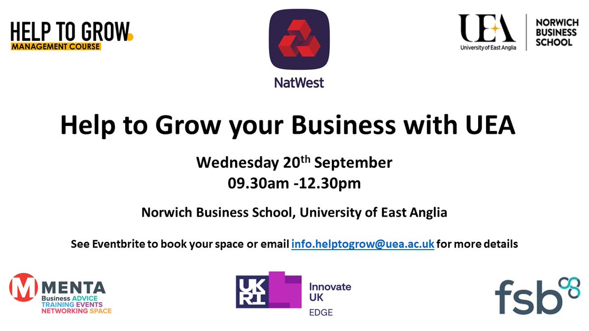 Be amongst the first to sign up for 'Help to Grow your Business with UEA', event on 20th September in conjunction with @NatWest_Help and additional partners. See here for more detail and to reserve a space: bit.ly/455zpqO