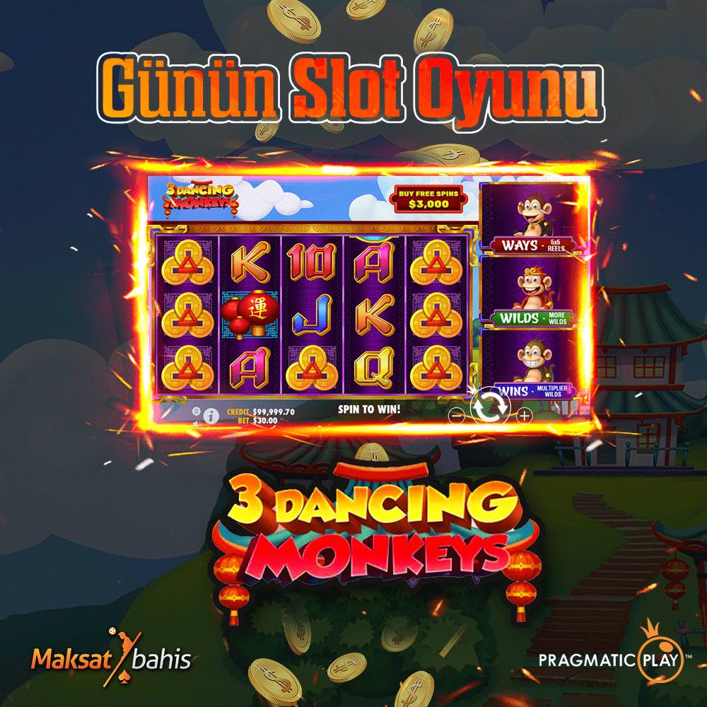 🎰PragmaticPlay'in sağladığı 3 Dancıng Monkeys oyunu ile x200 çarpan elde etme şansı! Günün Slot oyunu '3 Dancıng Monkeys' ile kazanmaya başlayın 👉 bit.ly/mkstgiris
