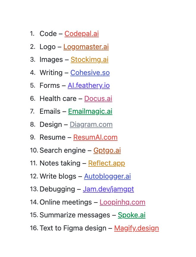 Prathkum's tweet photo. 60+ AI tools that can help you in writing, job, design, coding, writing emails, etc. https://t.co/DVZrMH6MZw