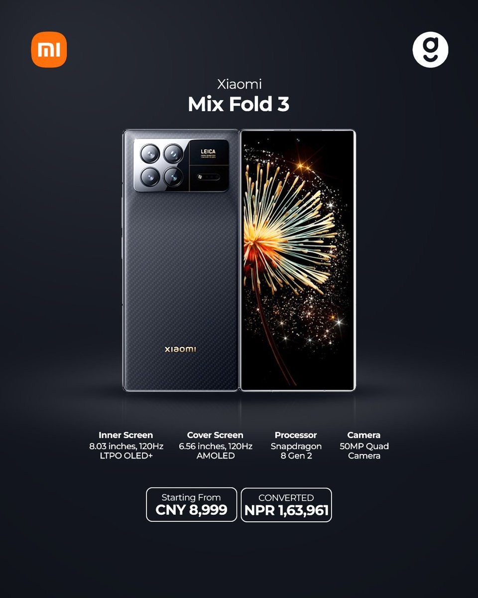 Xiaomi announces its third generation foldable Mix Fold 3 with two telephoto Leica lenses.🔥
Read More: bit.ly/Xiaomi-mixfold3
 #XiaomiMixFold3 #foldable #GadgetsInNepal #technews #latest #tech #trending