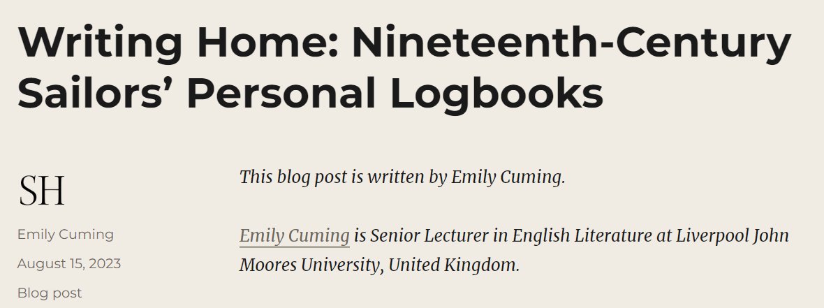 New post on our research blog about 19th cent. sailors and their writings about home in their personal logbooks. Written by Emily Cuming, Liverpool John Moores University, who presented at our conference in November. Read it here: stayhome.hypotheses.org/498