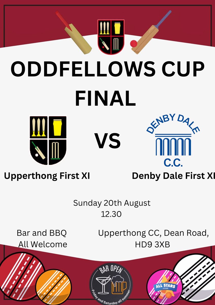 This Sunday will be our Cup Final against Denby Dale CC. Stumps are at 12:30, the bar will be open and a BBQ will be on later in the afternoon. Everyone is welcome so get up to the club and get behind the lads.